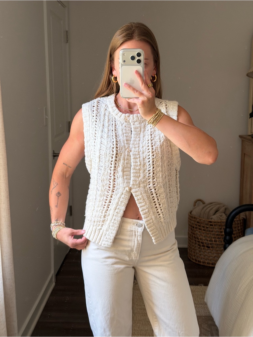 Topshop Cream Open-Knit Sleeveless Button Vest